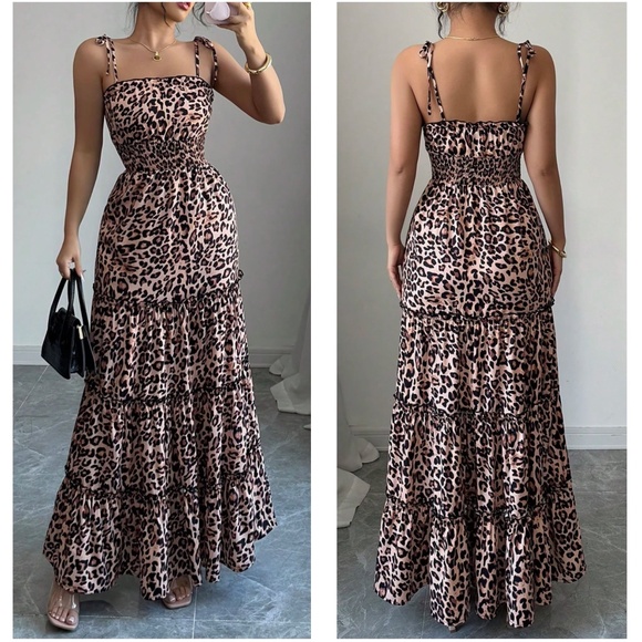 Boho Leopard Print High Waisted Shoulder Tie Maxi Dress - Picture 2 of 2